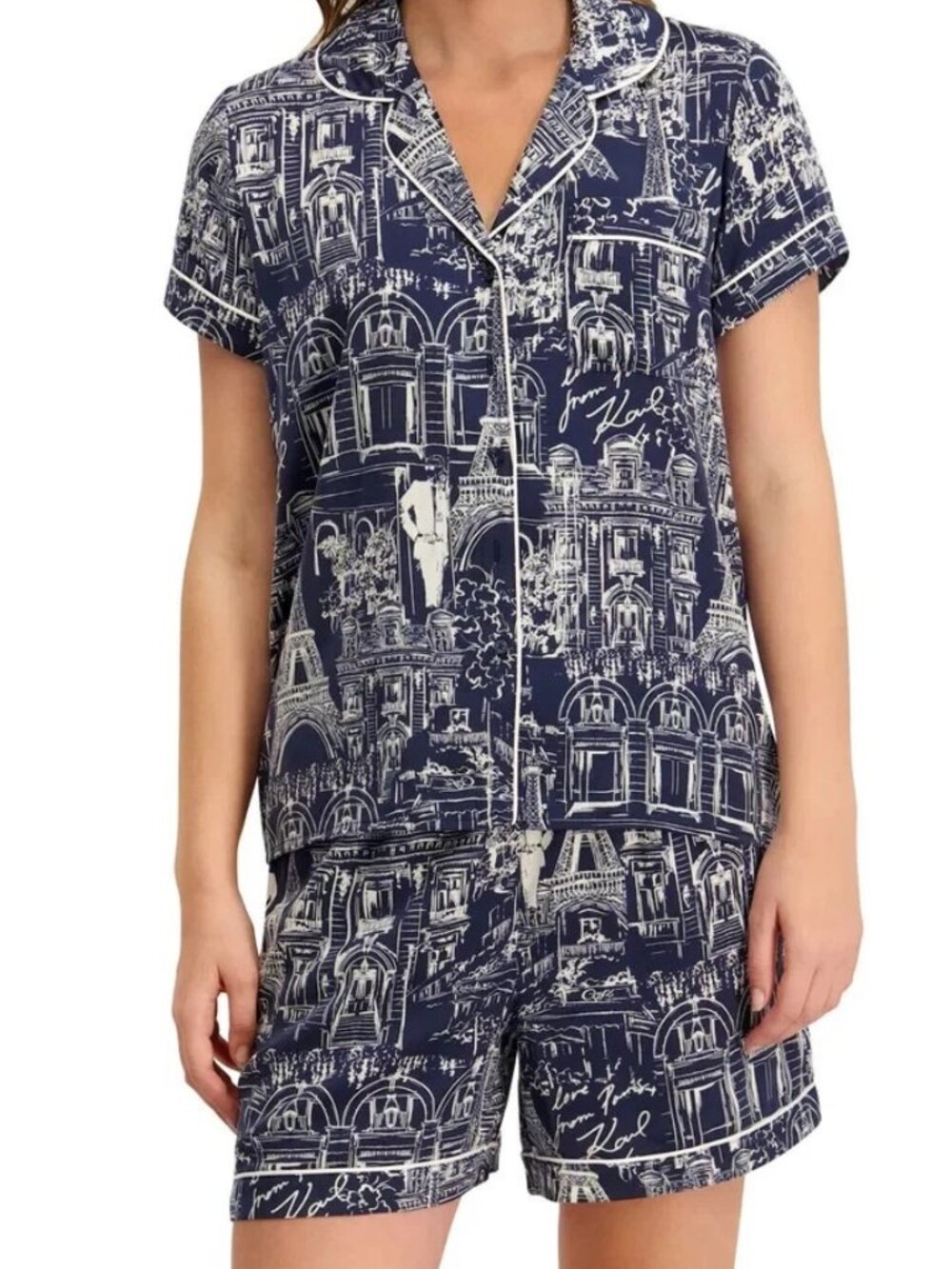 NEW Karl Lagerfeld Paris 2 Pc Pajama Set L NWT Button Front Top Shorts Navy